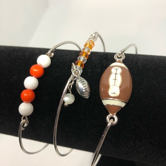 3 Piece Bangle Football Bracelets Orange White Beads Enamel Football Cha… - Picture 2 of 3